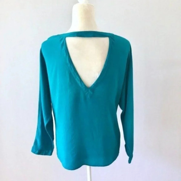 Jack Mulqueen Teal Silk Cutout Bar Back Blouse Top - Picture 2 of 4